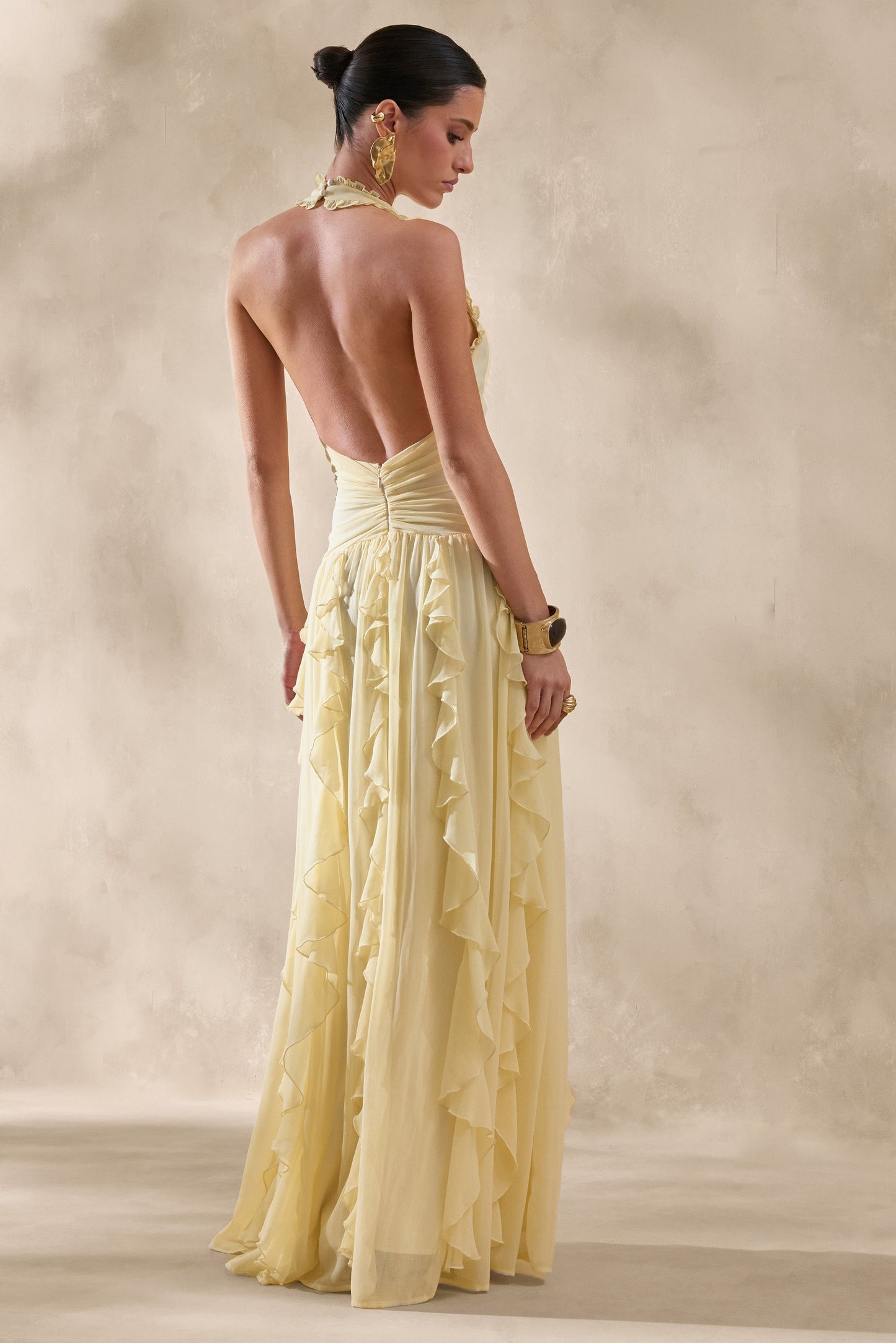 Bea | Lemon Plunge-Neck Ruffled Maxi Dress