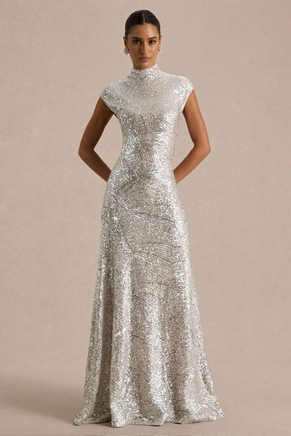 Cecy | Silver Sequin High-Neck Maxi Dress With Cap Sleeves