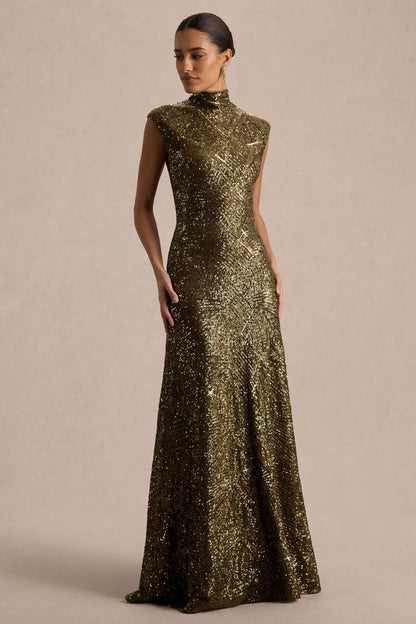 Cecy | Khaki Sequin High-Neck Maxi Dress With Cap Sleeves