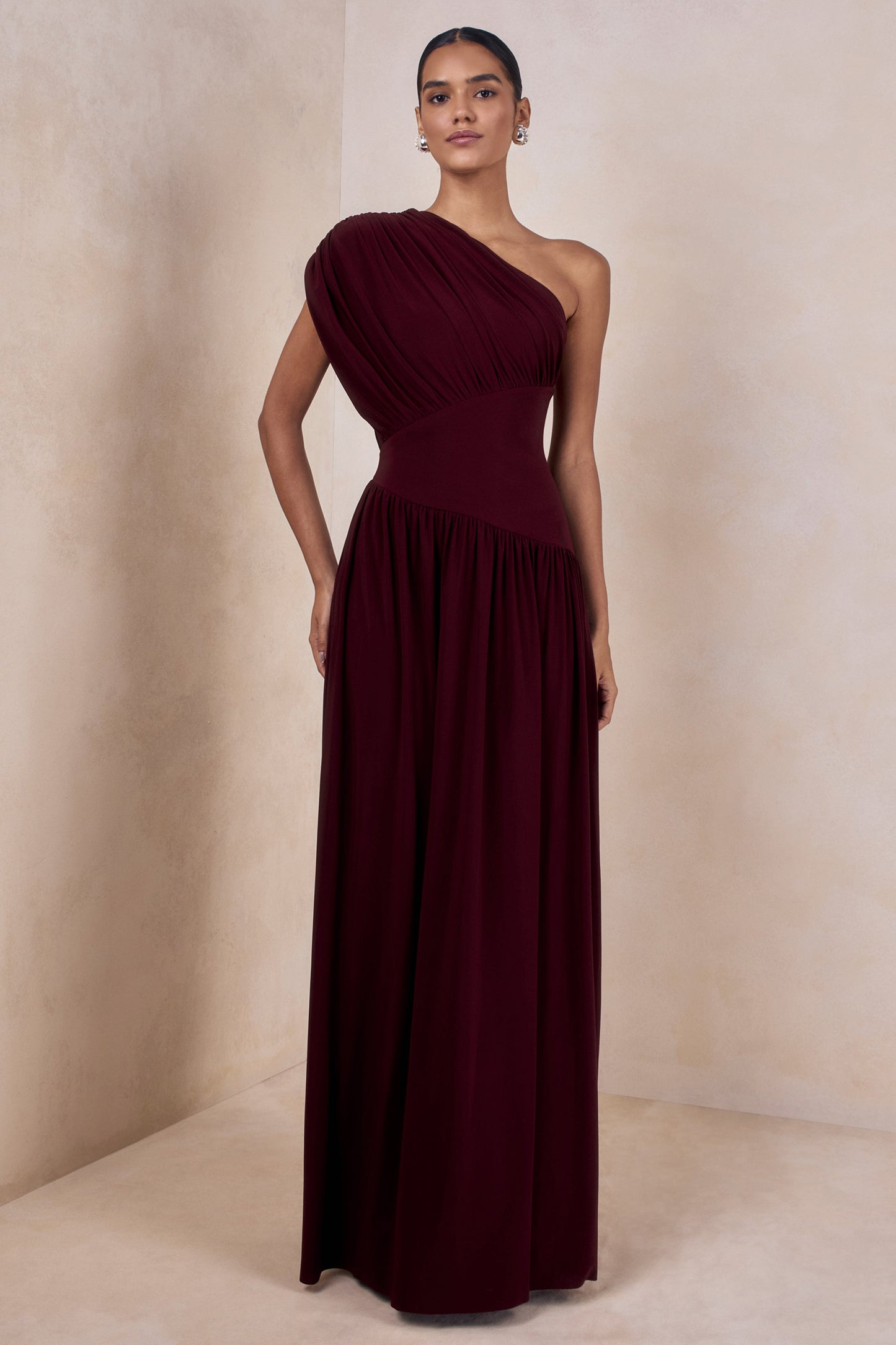 Kelsey | Burgundy Asymmetric-Neck Maxi Dress With Ruched Detailing