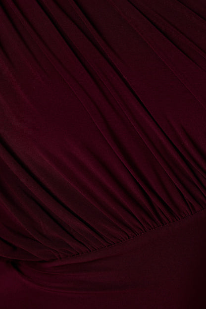 Kelsey | Burgundy Asymmetric-Neck Maxi Dress With Ruched Detailing