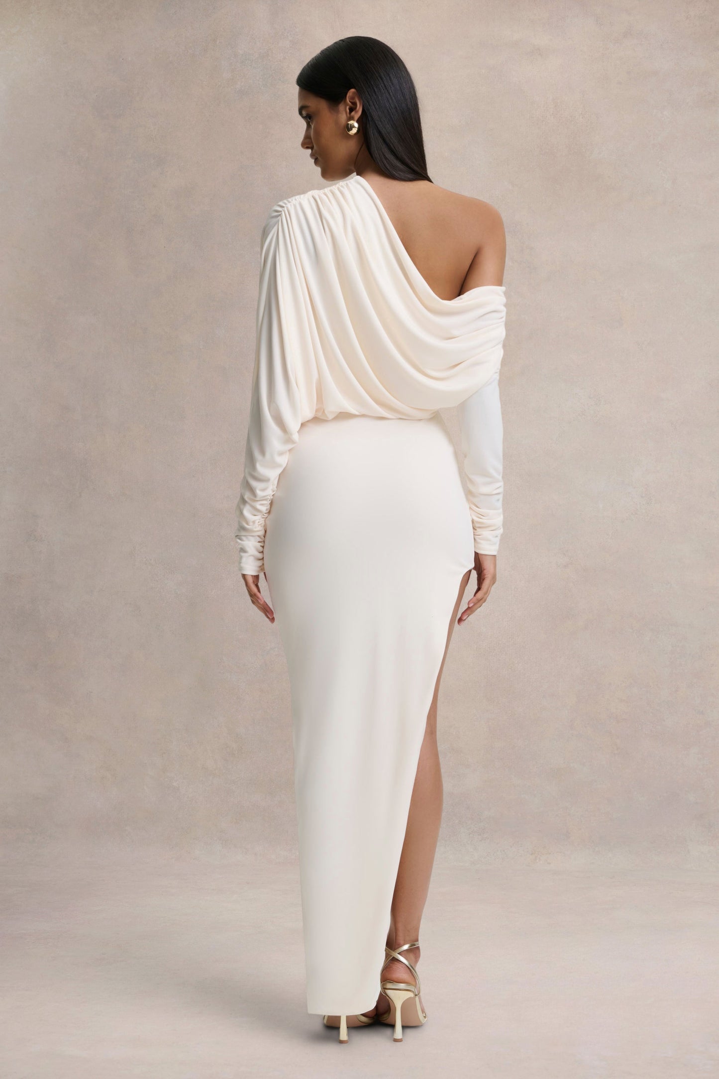Olivia | Cream Asymmetric-Neck Maxi Dress With Ruched Detailing Asymmetric-Hem