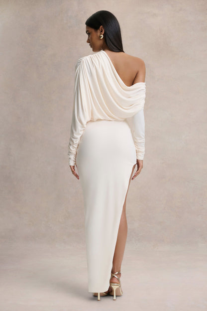 Olivia | Cream Asymmetric-Neck Maxi Dress With Ruched Detailing Asymmetric-Hem