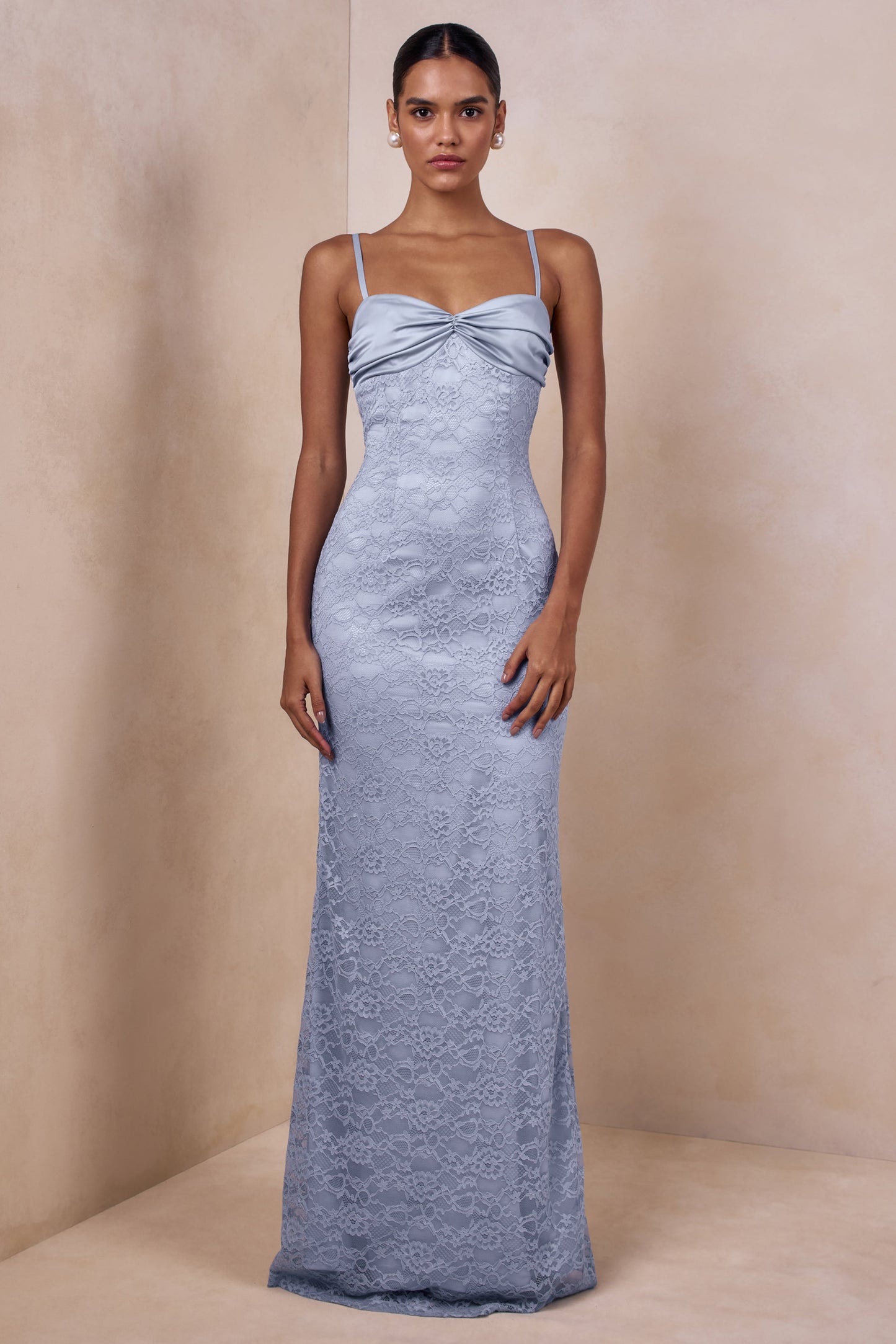 Juana | Powder Blue Lace And Satin Sweetheart-Neck Maxi Dress