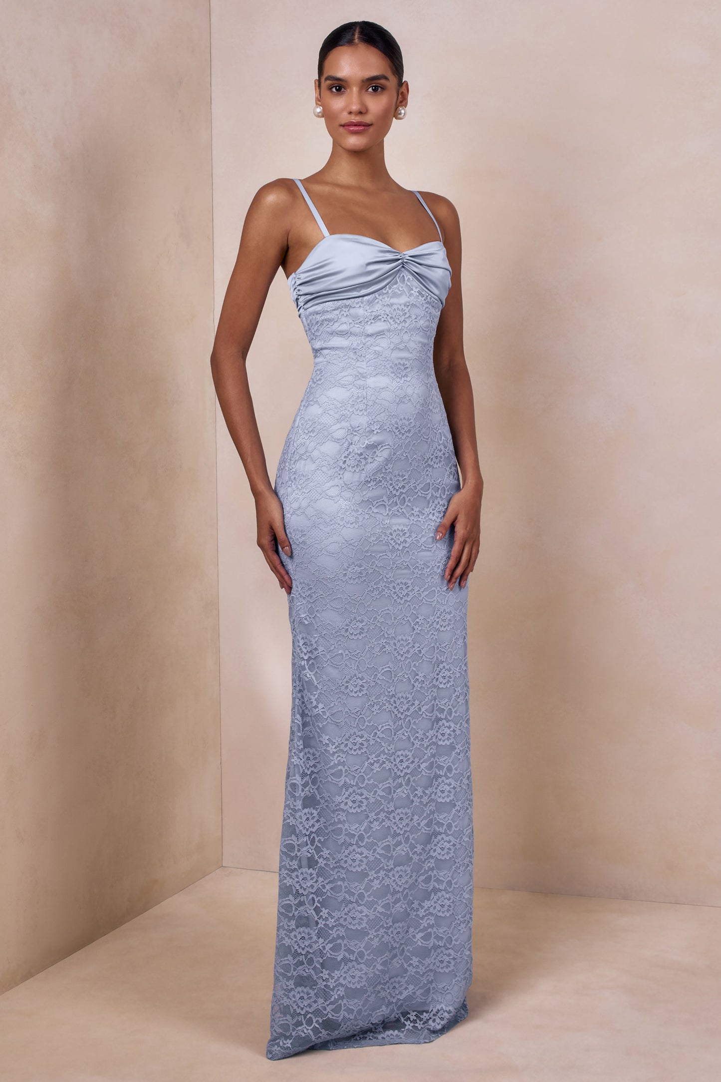 Juana | Powder Blue Lace And Satin Sweetheart-Neck Maxi Dress