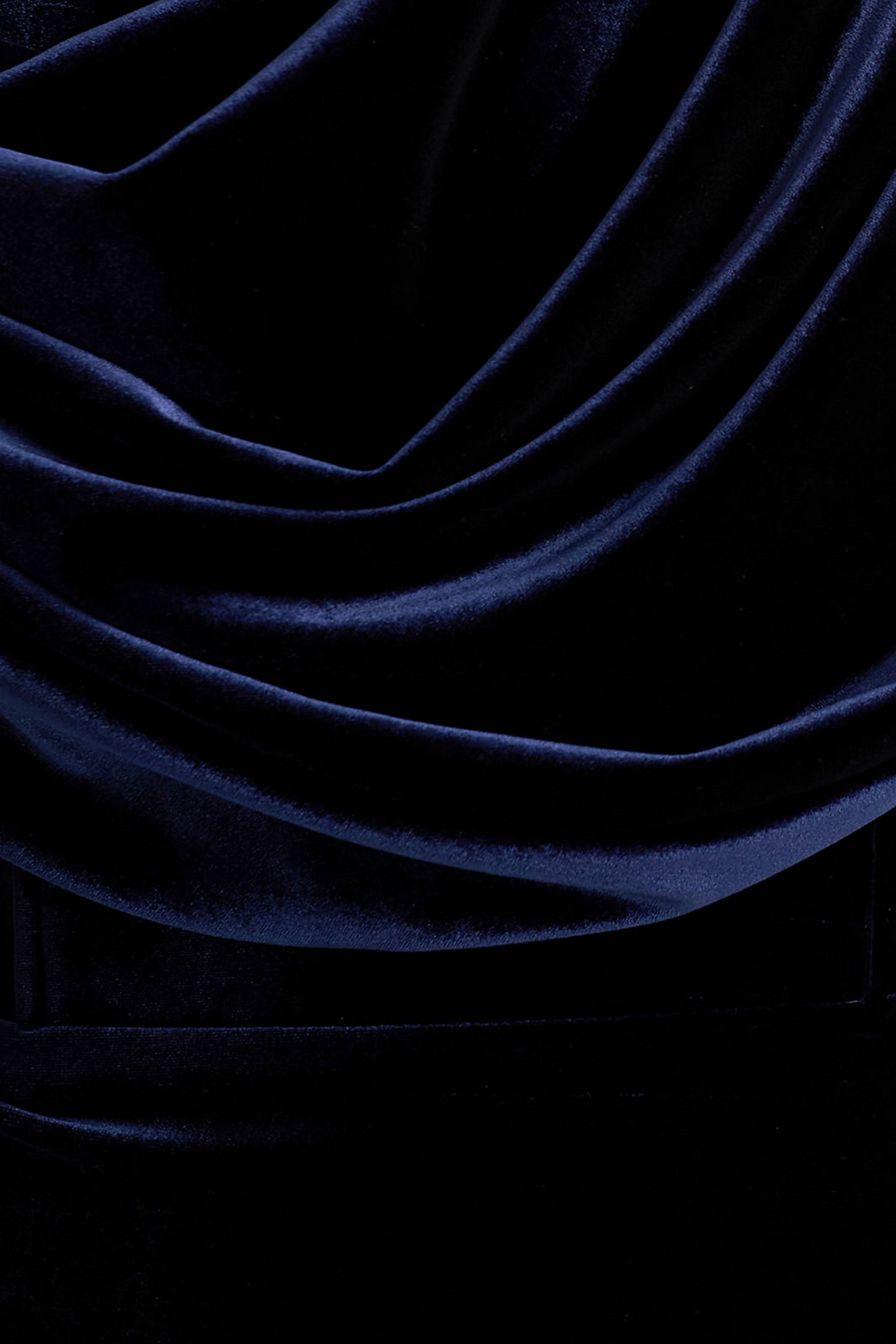 High End | Navy Velvet Asymmetric-Neck Midi Dress With Draped Detailing