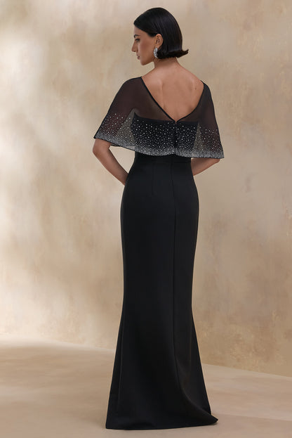 Everly | Black Hand-Embellished Cape-Sleeve Maxi Dress