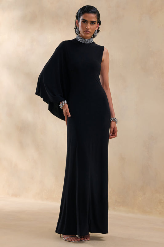 Oriana | Black Embellished High-Neck Maxi Dress With One-Cape Sleeve