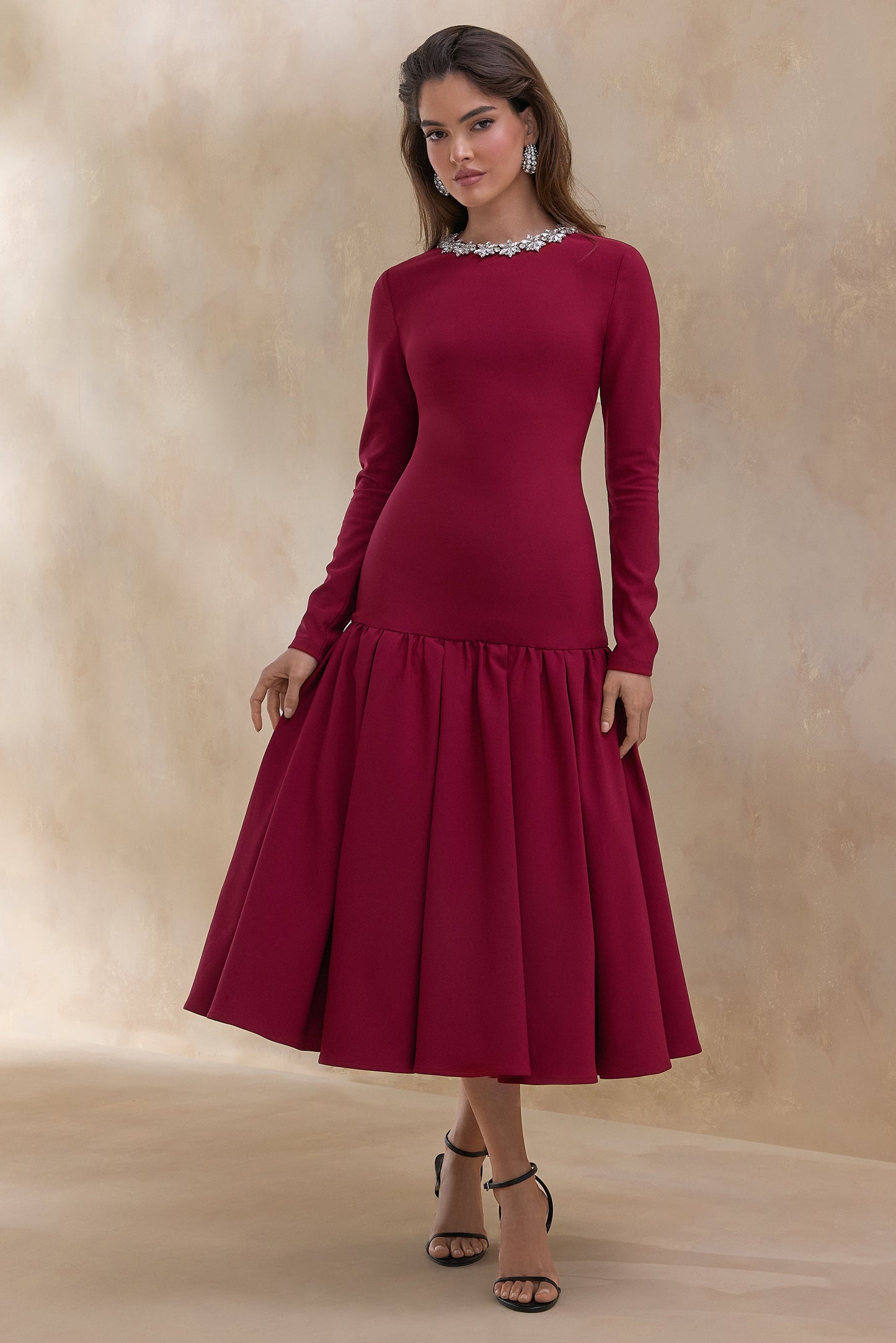 Jovana | Burgundy Hand-Embellished Crew-Neck Midi Dress With Drop Waist