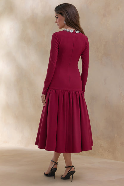Jovana | Burgundy Hand-Embellished Crew-Neck Midi Dress With Drop Waist