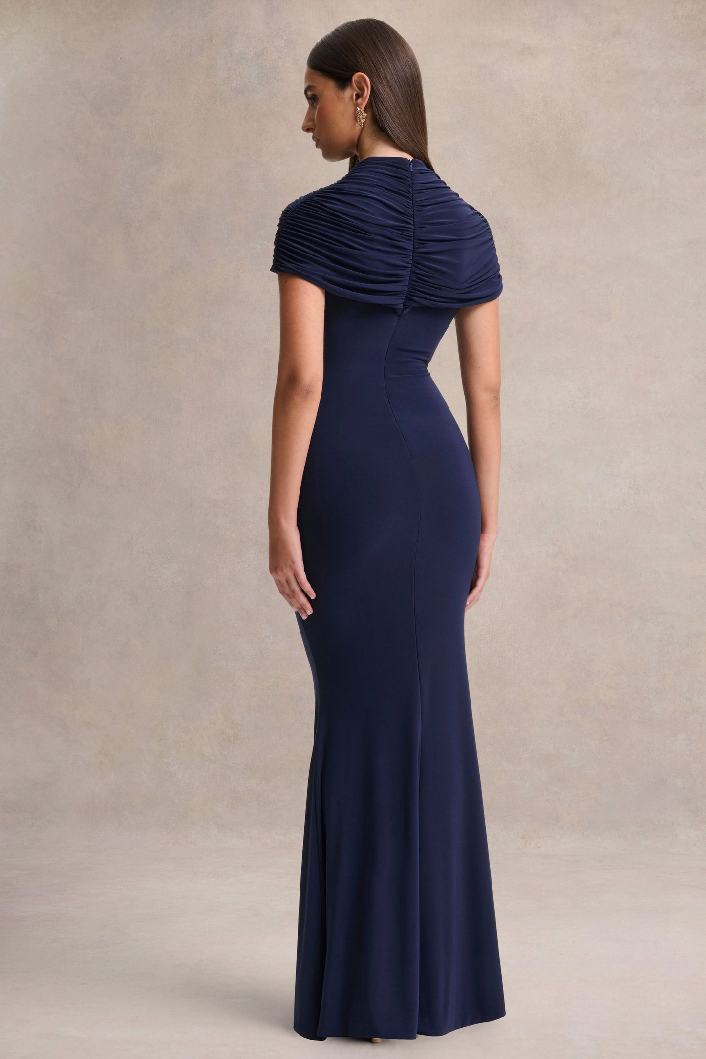 Azaria | Navy High-Neck Maxi Dress With Ruched Detailing