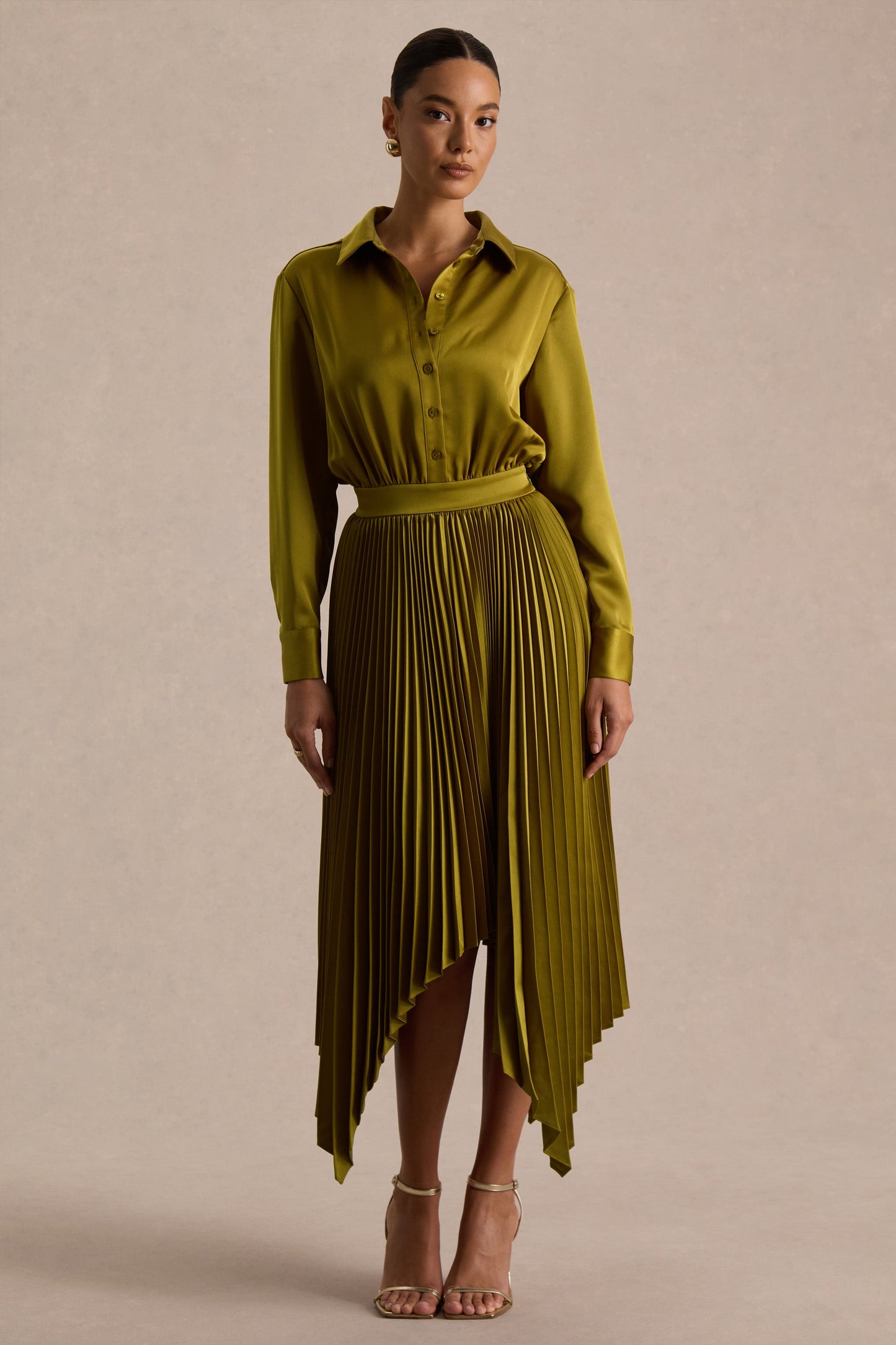 Naxos | Olive Satin Shirt Maxi Dress With Pleated Skirt