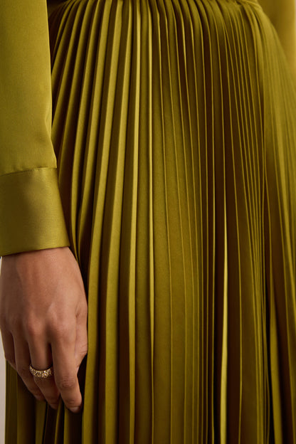 Naxos | Olive Satin Shirt Maxi Dress With Pleated Skirt