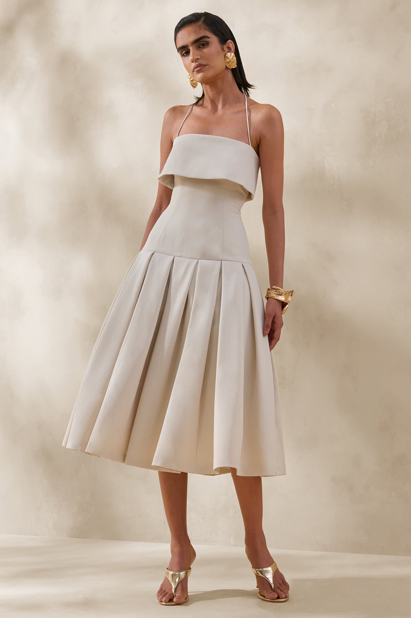 Dazira | Cream Square-Neck Midi Dress With Drop-Waist