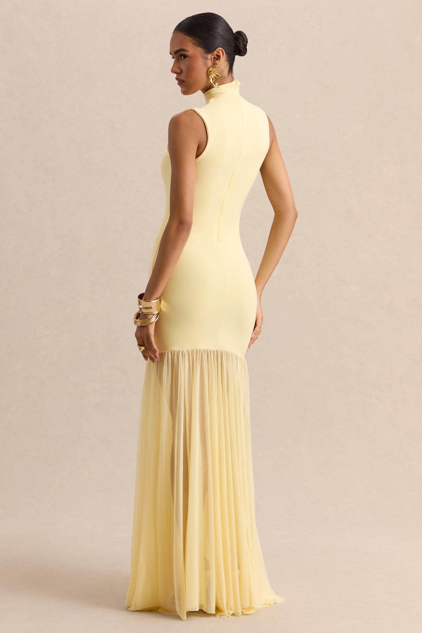 Felina | Lemon High-Neck Maxi Dress With Sheer-Skirt