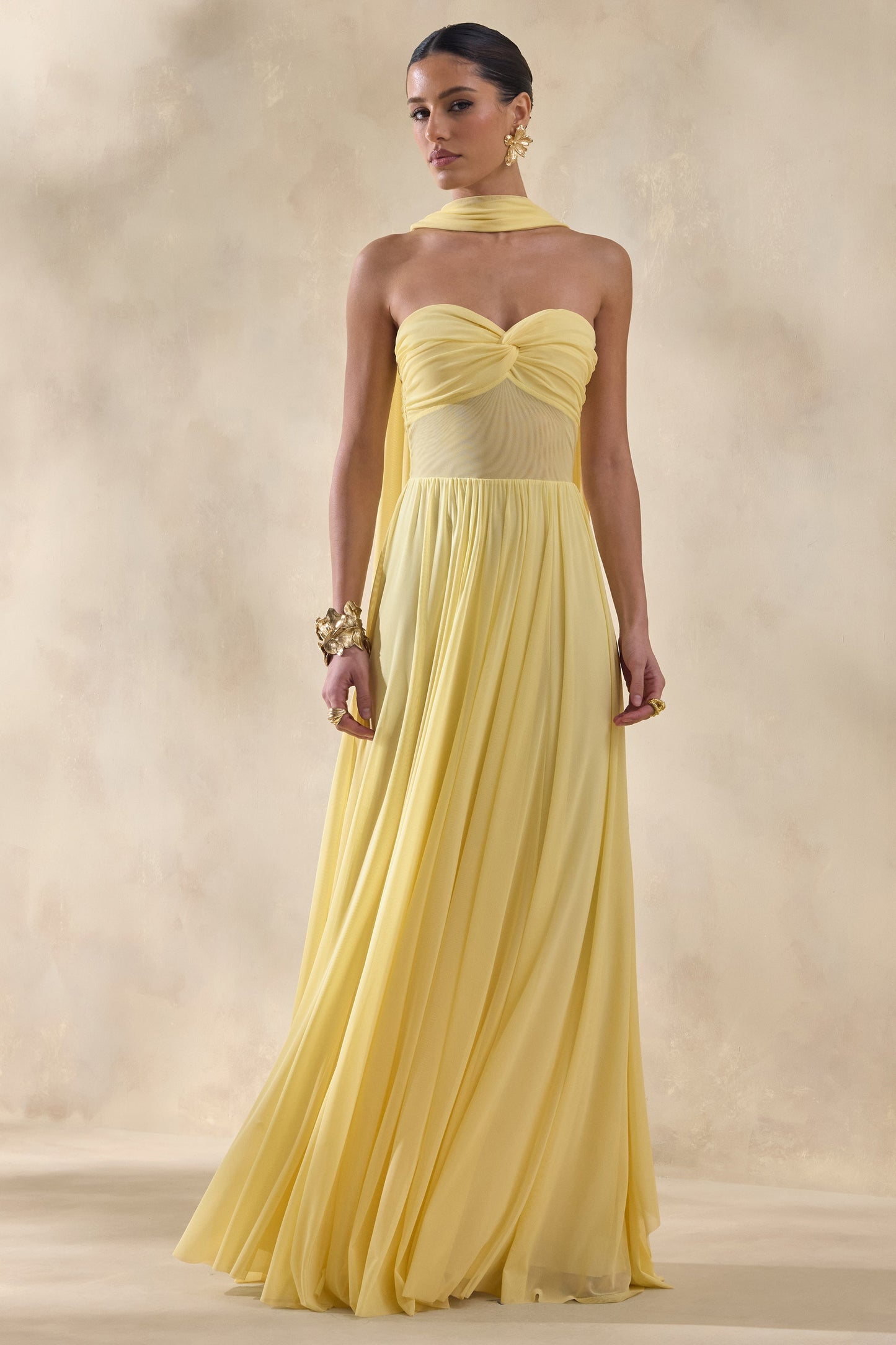 Lyvoria | Lemon Bandeau Maxi Dress With Mesh-Detail And Scarf