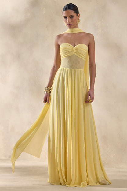 Lyvoria | Lemon Bandeau Maxi Dress With Mesh-Detail And Scarf