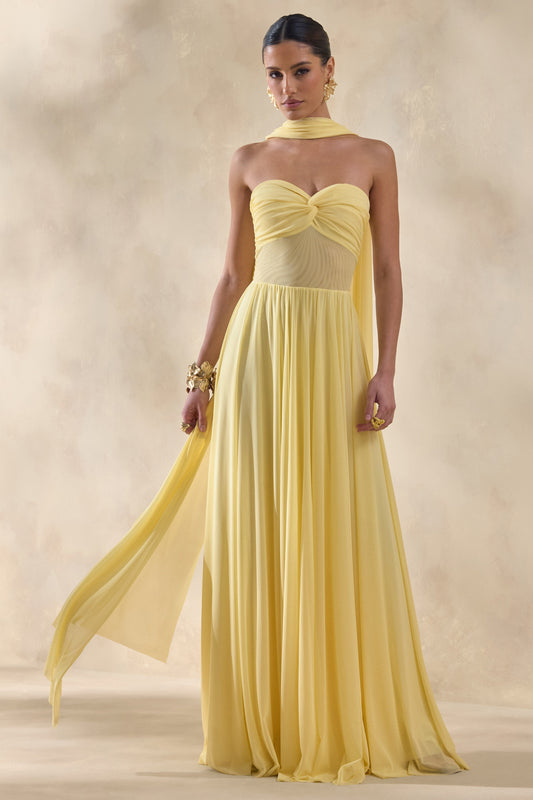 Lyvoria | Lemon Bandeau Maxi Dress With Mesh-Detail And Scarf