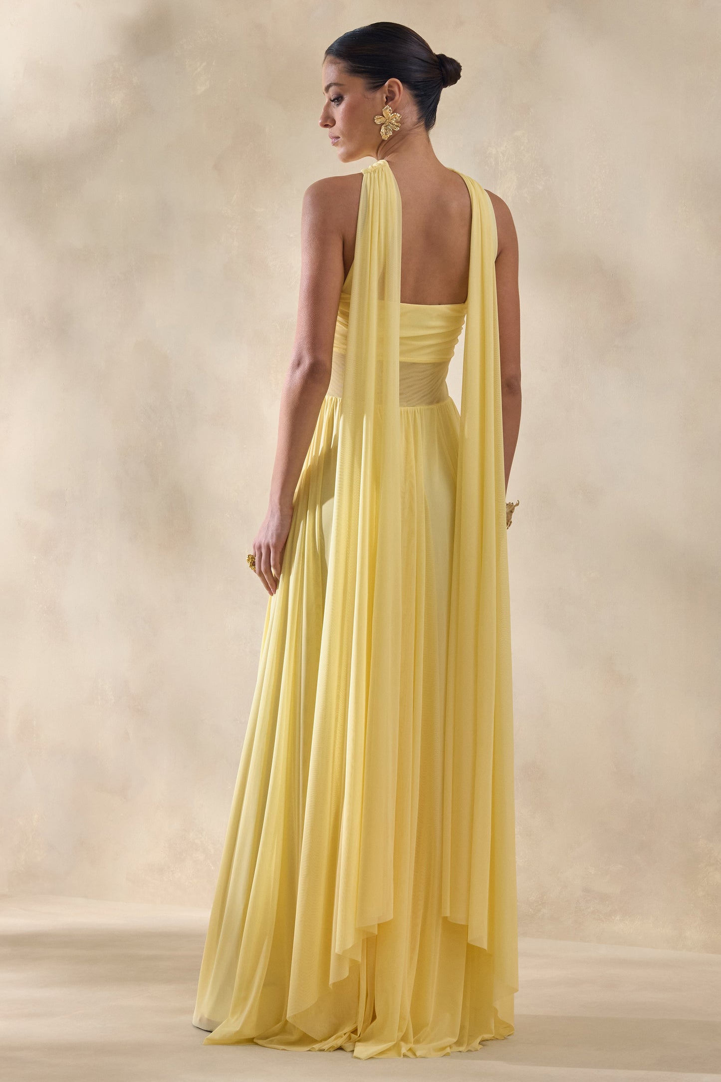 Lyvoria | Lemon Bandeau Maxi Dress With Mesh-Detail And Scarf