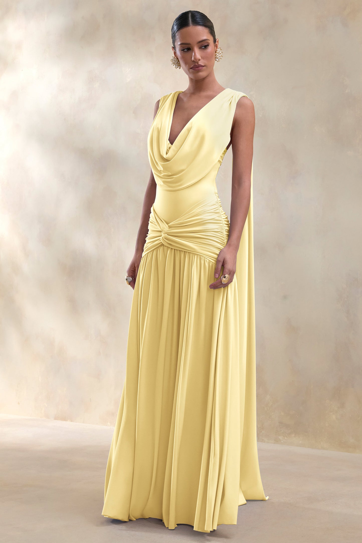 Amelisse | Lemon Plunge-Neck Maxi Dress With Ruched-Detailing