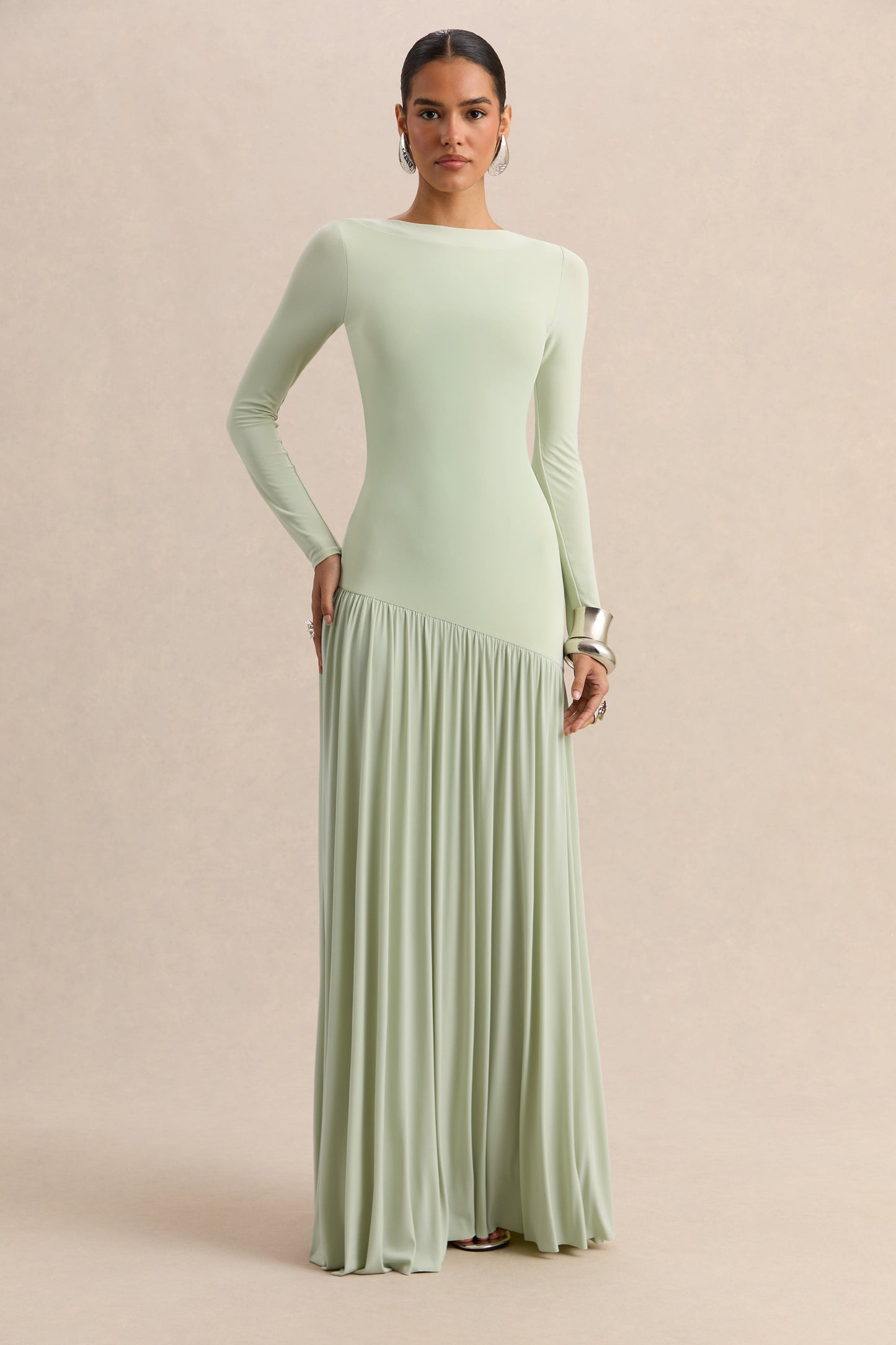 Jasira | Mint Crew-Neck Maxi Dress With Asymmetric Drop-Waist