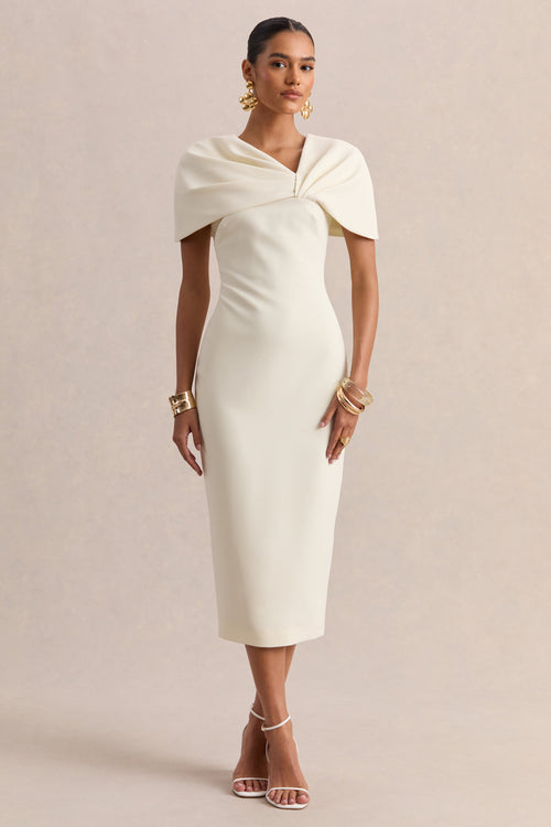 Novalie | Cream V-Neck Midi Dress With Twist-Detail