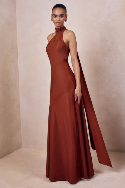 Cara | Rust Matte Satin High-Neck Maxi Dress