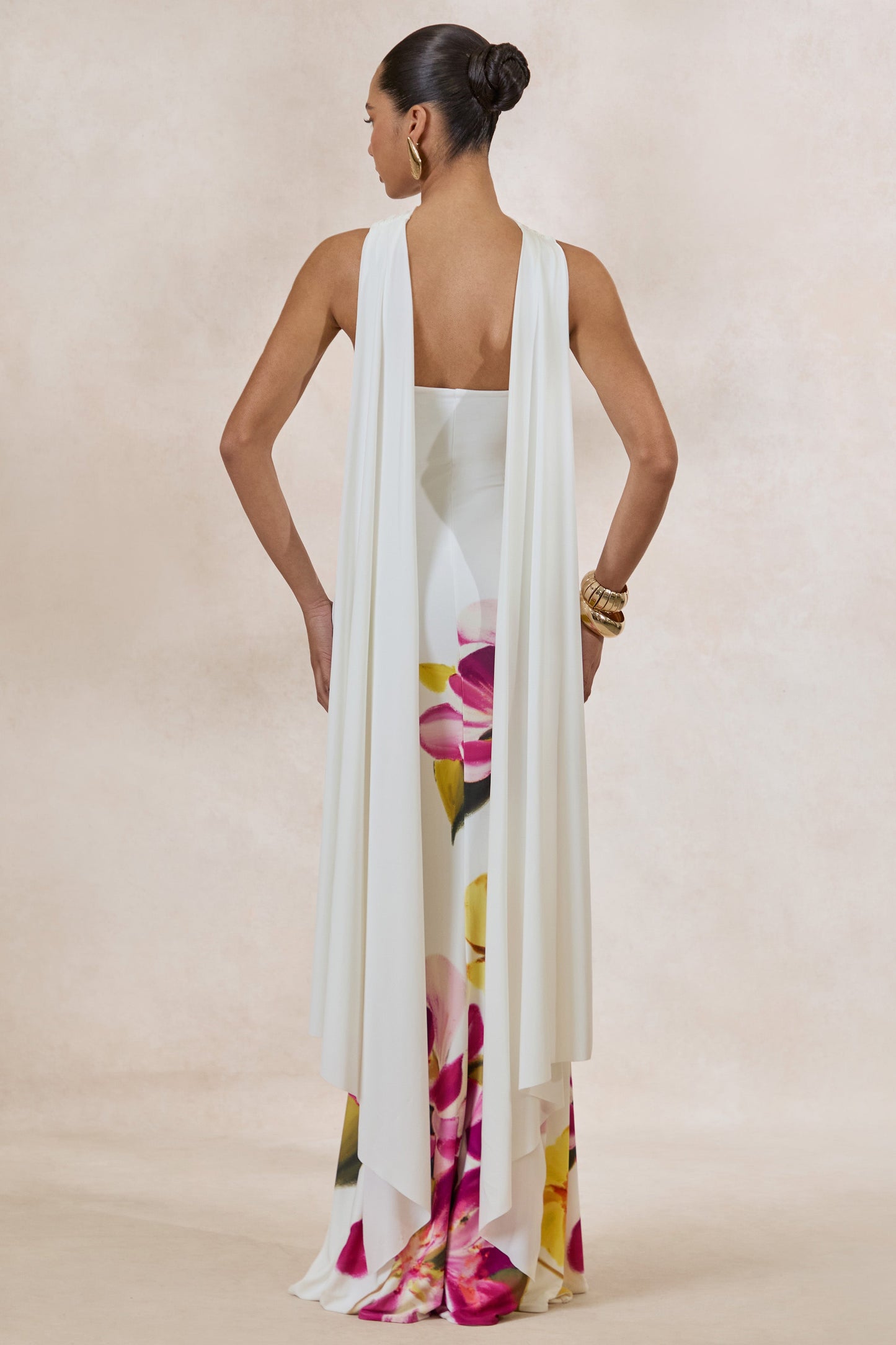 Brooke | Hot Pink And Lemon Floral Print Bandeau Neck Maxi Dress With Scarf