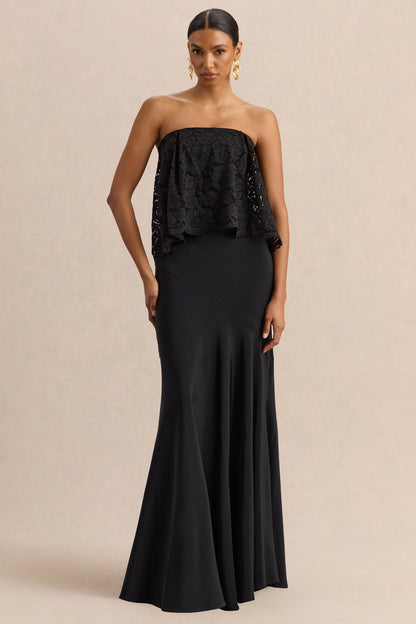 Clemency | Black Lace And Matte Satin Bandeau Maxi Dress
