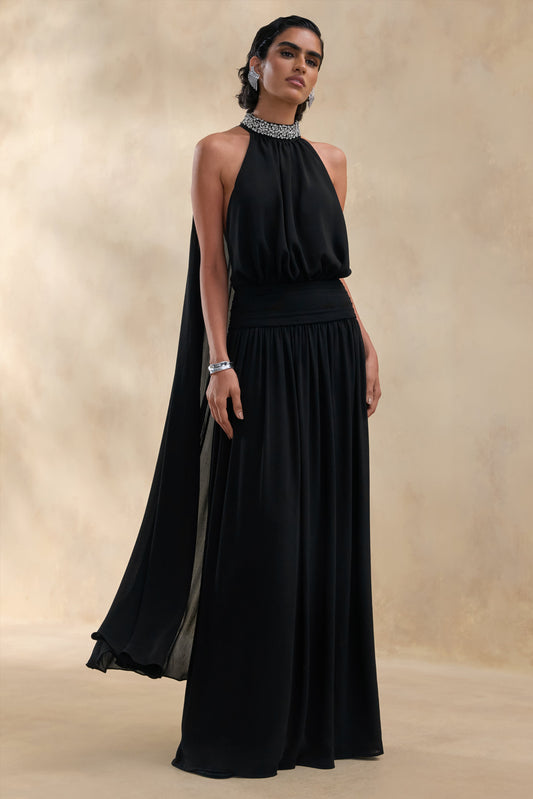 Marie | Black Halter-Neck Maxi Dress With Embellished Detailing