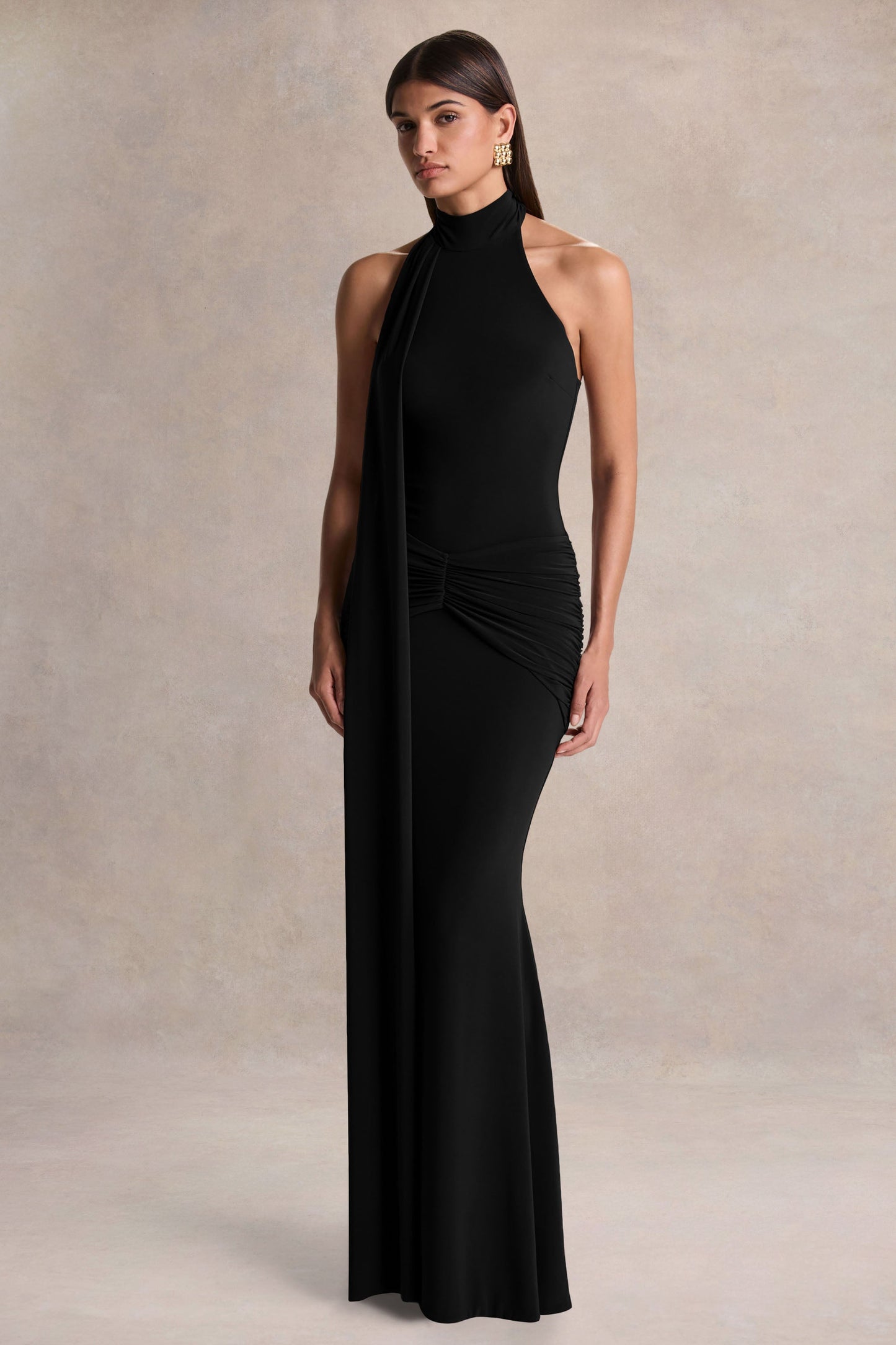 Hyla | Black High-Neck Maxi Dress With Sash-Detail