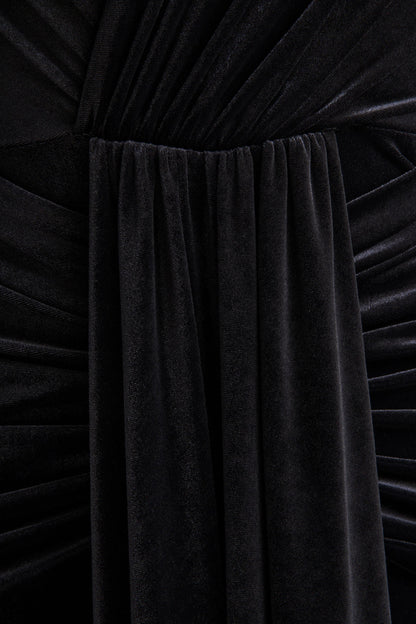 Halima | Black Velvet Plunge-Neck Maxi Dress With Gathered Detailing