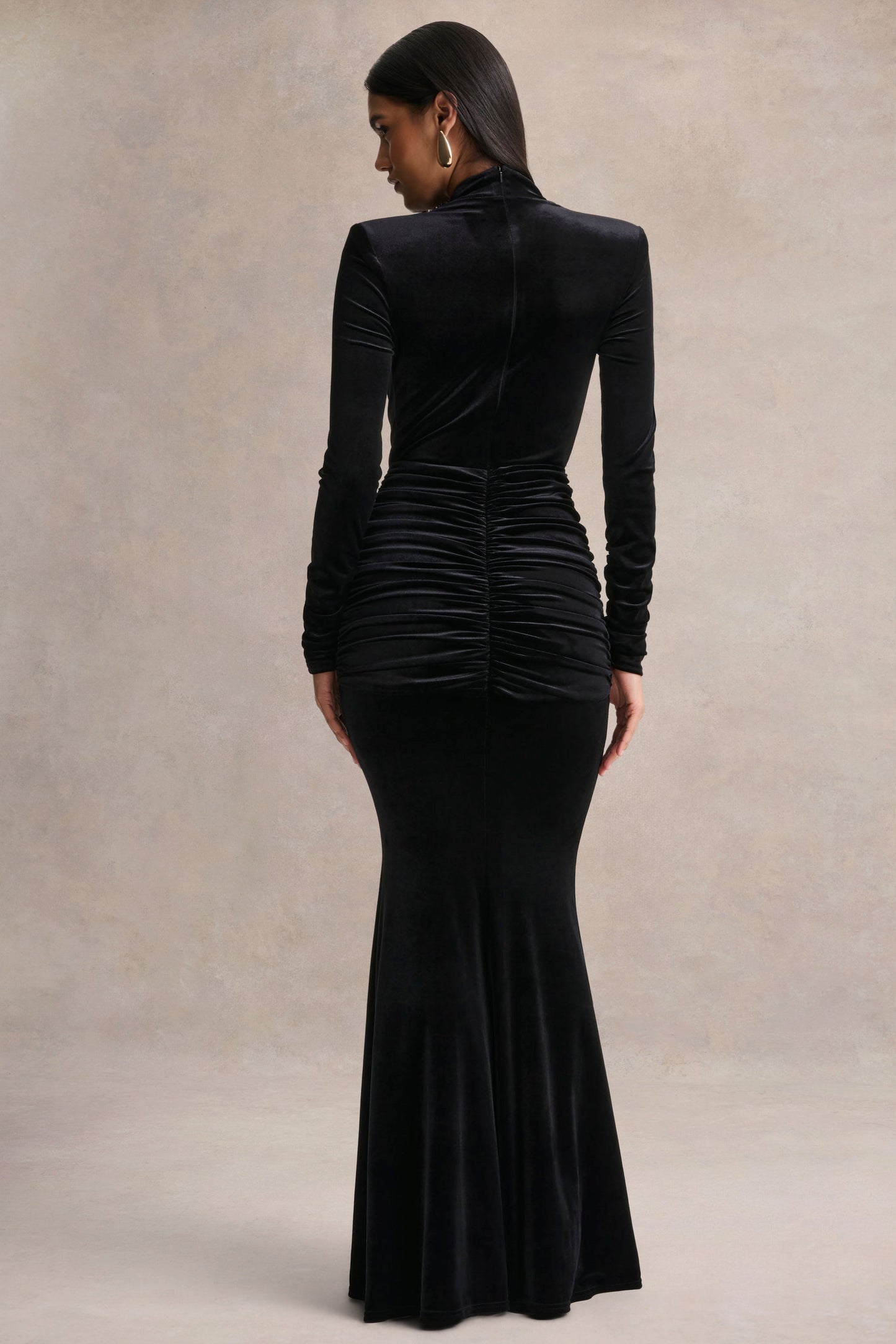 Halima | Black Velvet Plunge-Neck Maxi Dress With Gathered Detailing