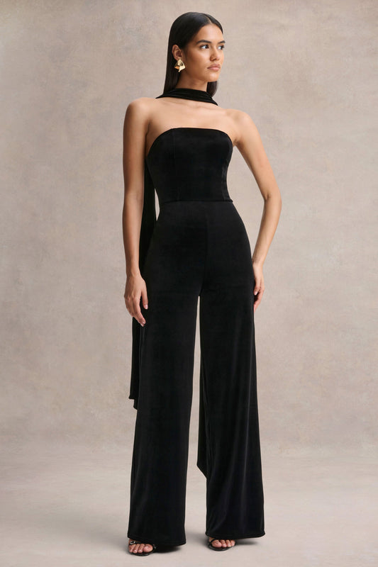 Arcane | Black Velvet Bandeau Jumpsuit With Scarf
