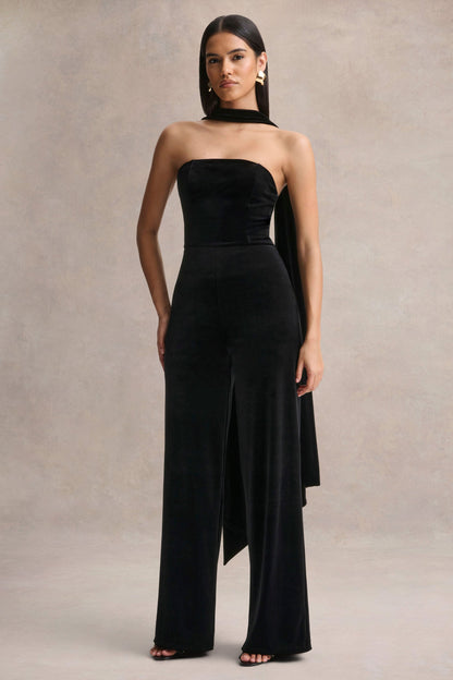 Arcane | Black Velvet Bandeau Jumpsuit With Scarf