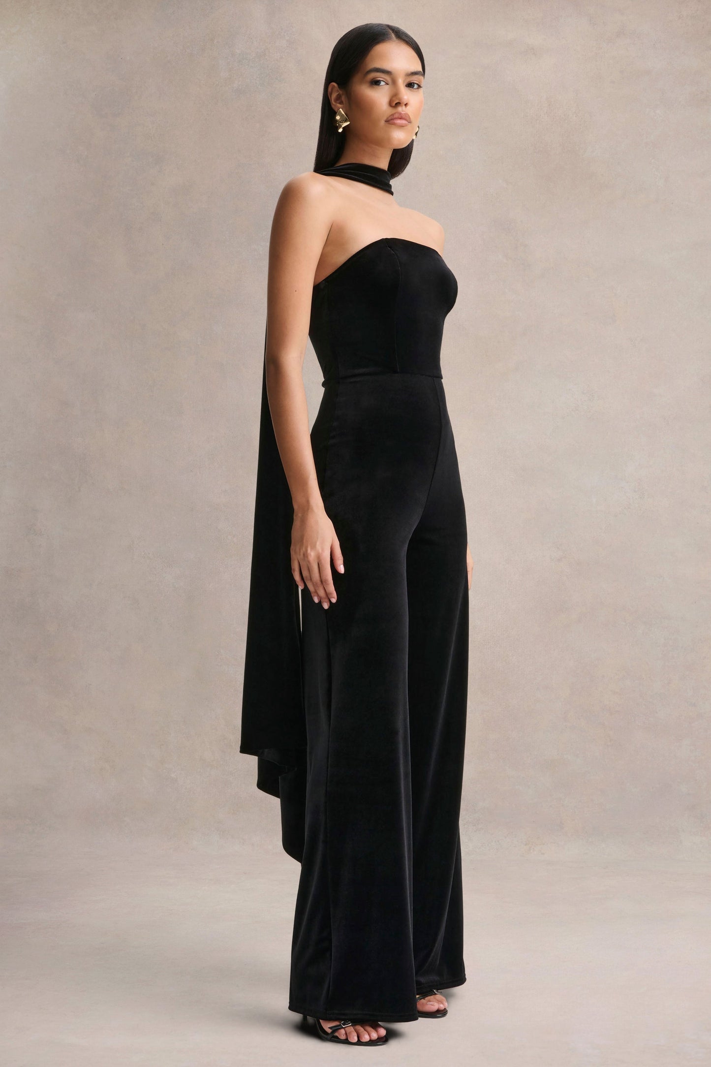 Arcane | Black Velvet Bandeau Jumpsuit With Scarf