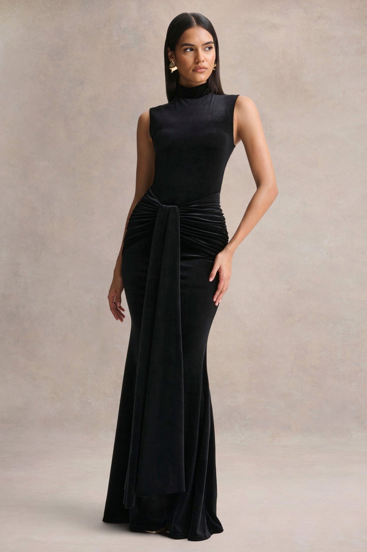 Idalina | Black Velvet High-Neck Maxi Dress With Gathered-Detailing