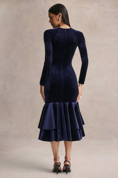 Emberlyn | Navy Velvet Scoop-Neck Fishtail Midi Dress