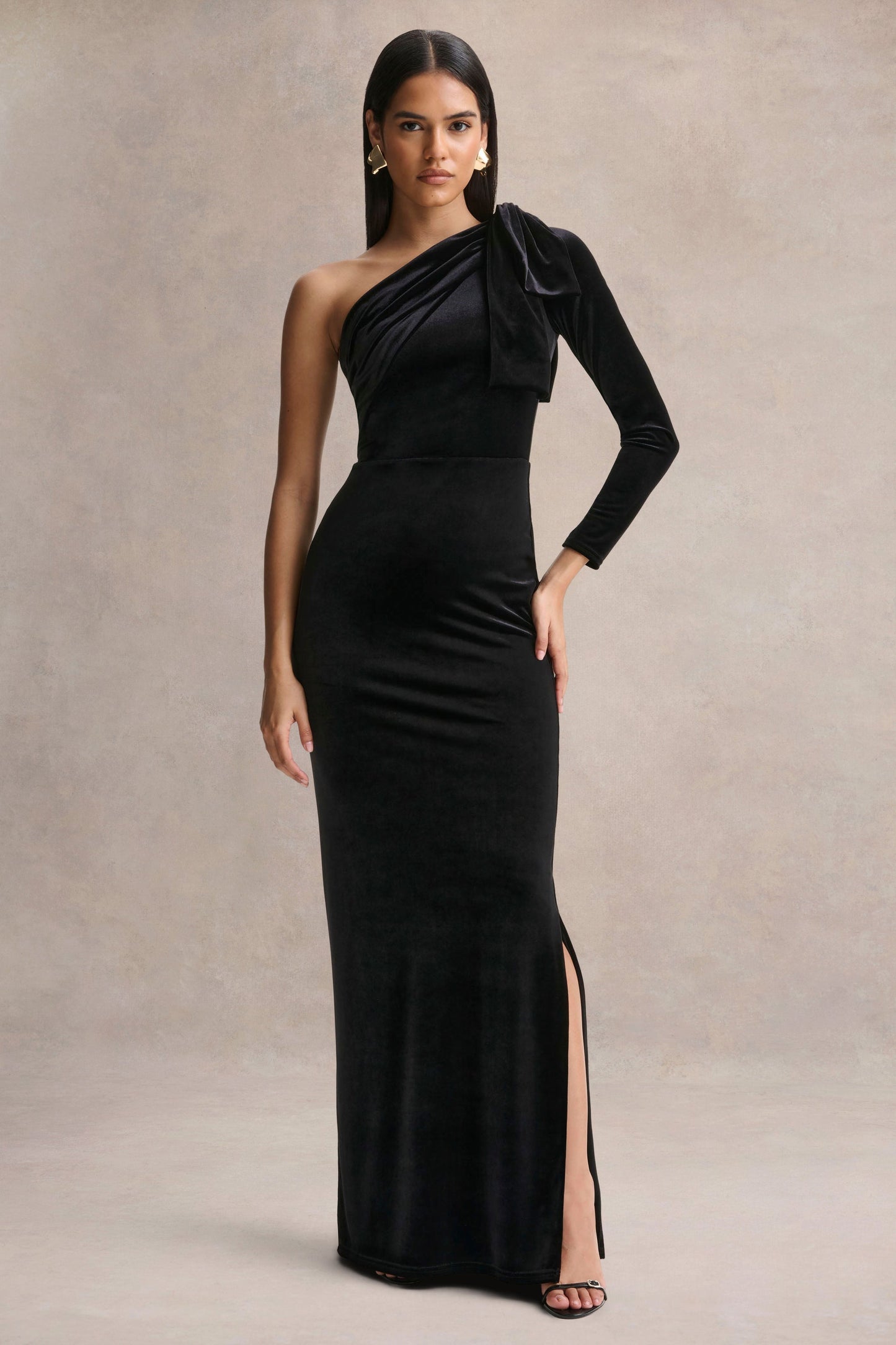 Farryn | Black Asymmetric-Neck Maxi Dress With Bow Detail