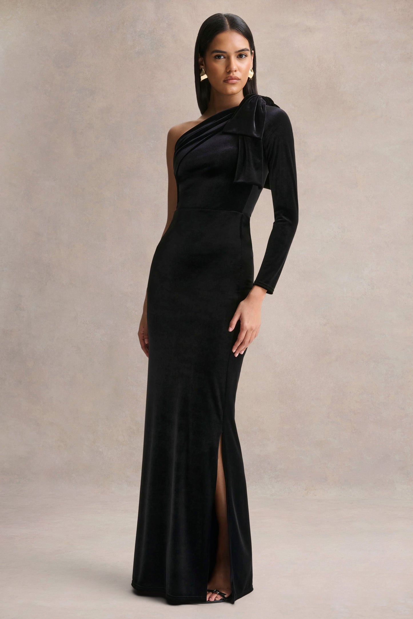 Farryn | Black Asymmetric-Neck Maxi Dress With Bow Detail