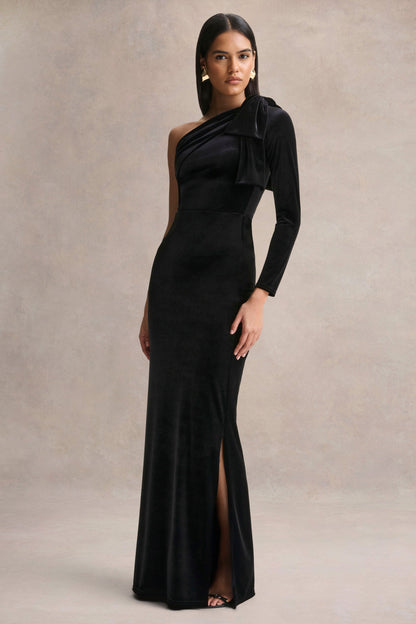 Farryn | Black Asymmetric-Neck Maxi Dress With Bow Detail