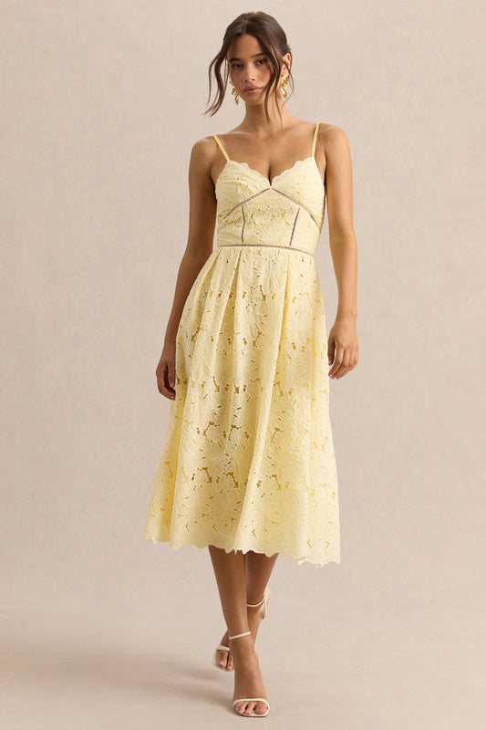 Nicoline | Lemon Lace Sweetheart Midi Dress With Cami Straps