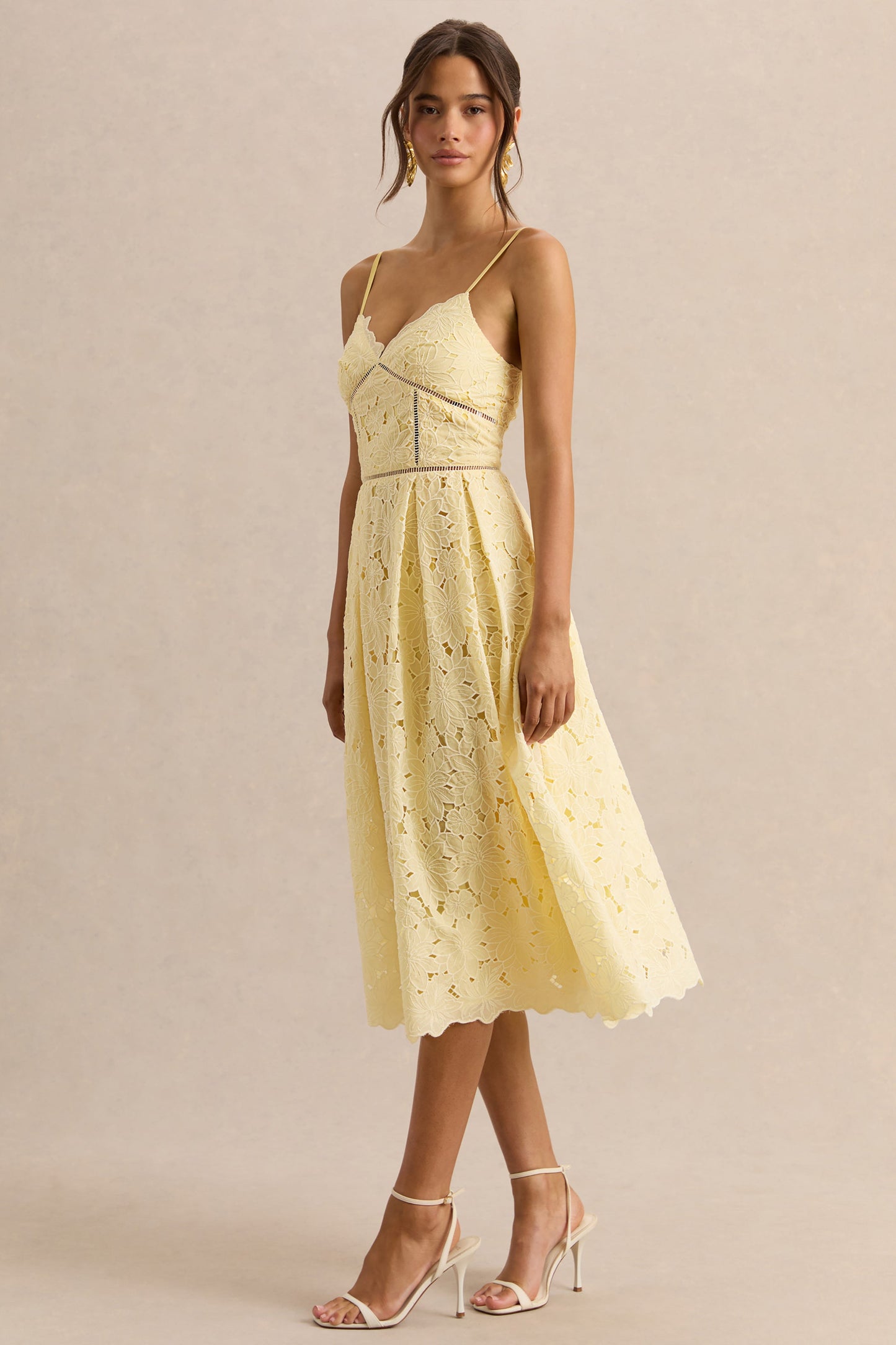 Nicoline | Lemon Lace Sweetheart Midi Dress With Cami Straps
