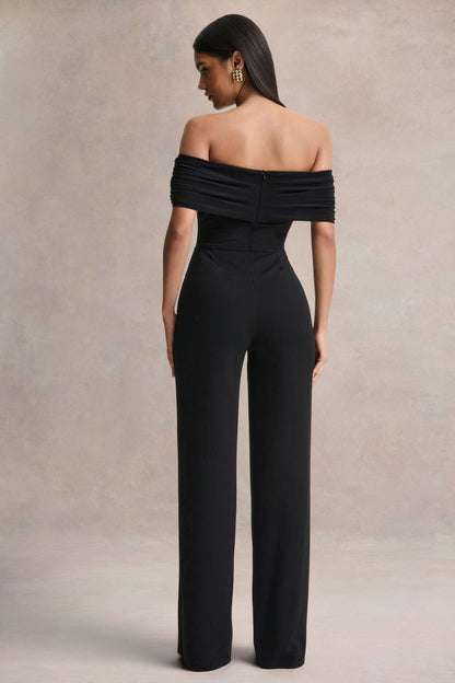 Kalida | Black Bardot-Neck Jumpsuit With Sash-Detail