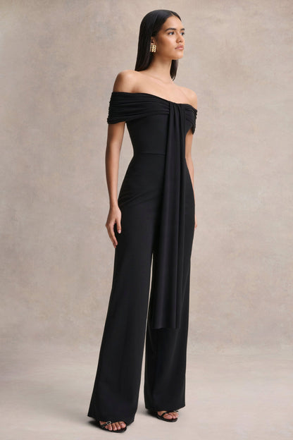 Kalida | Black Bardot-Neck Jumpsuit With Sash-Detail