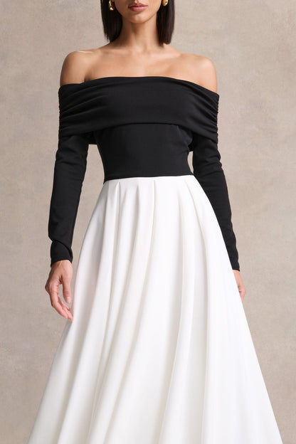 Frederica | Black And White Bardot-Neck Midi Dress