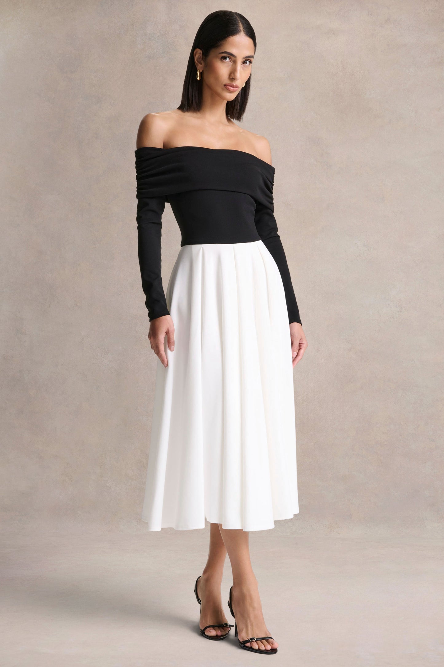 Frederica | Black And White Bardot-Neck Midi Dress