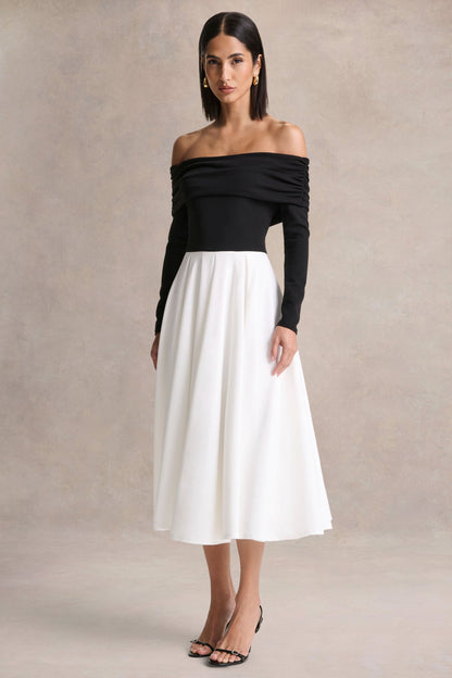 Frederica | Black And White Bardot-Neck Midi Dress