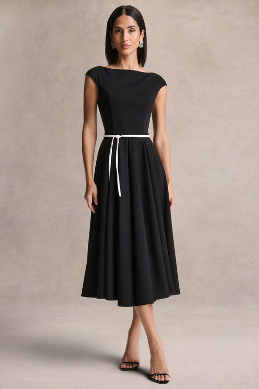 Nataline | Black Round-Neck Midi Dress With White Belt-Detail