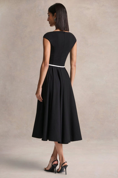 Nataline | Black Round-Neck Midi Dress With White Belt-Detail